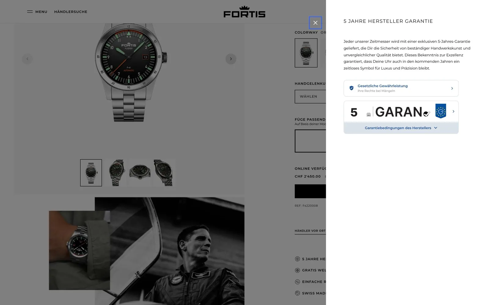 Fortis: Seitenleiste mit Gewährleistungslabel und GARAN-Label