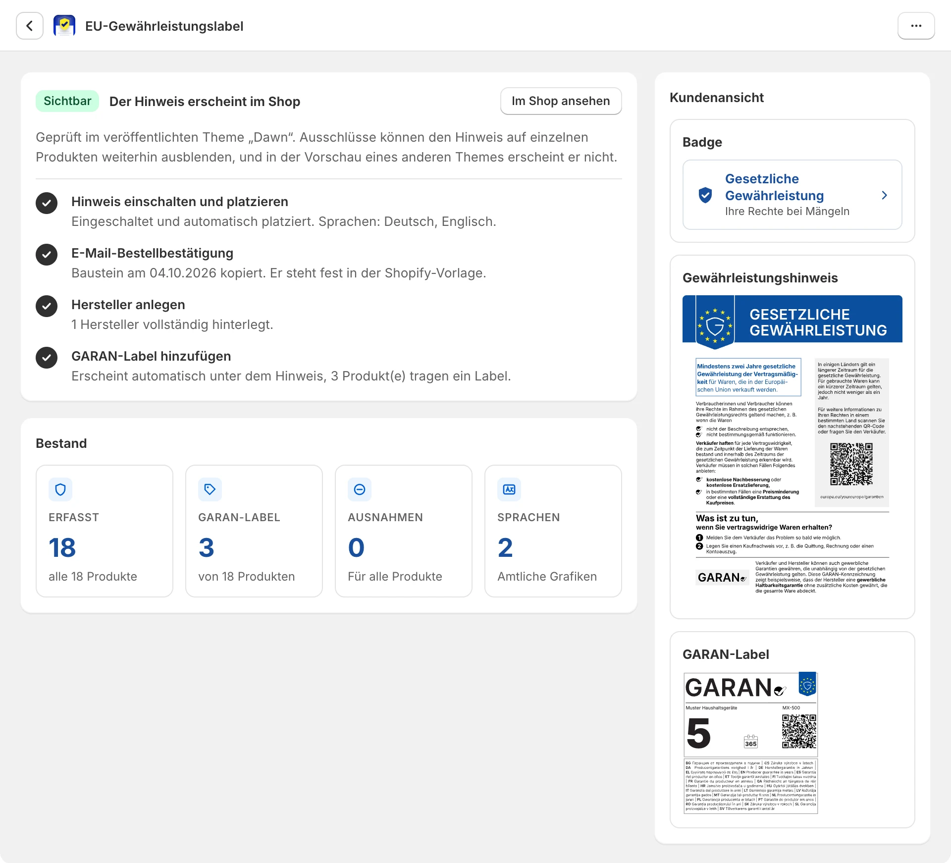 Die Übersicht der App, wenn alles eingerichtet ist: Status, erledigte Schritte, Bestand und Kundenansicht