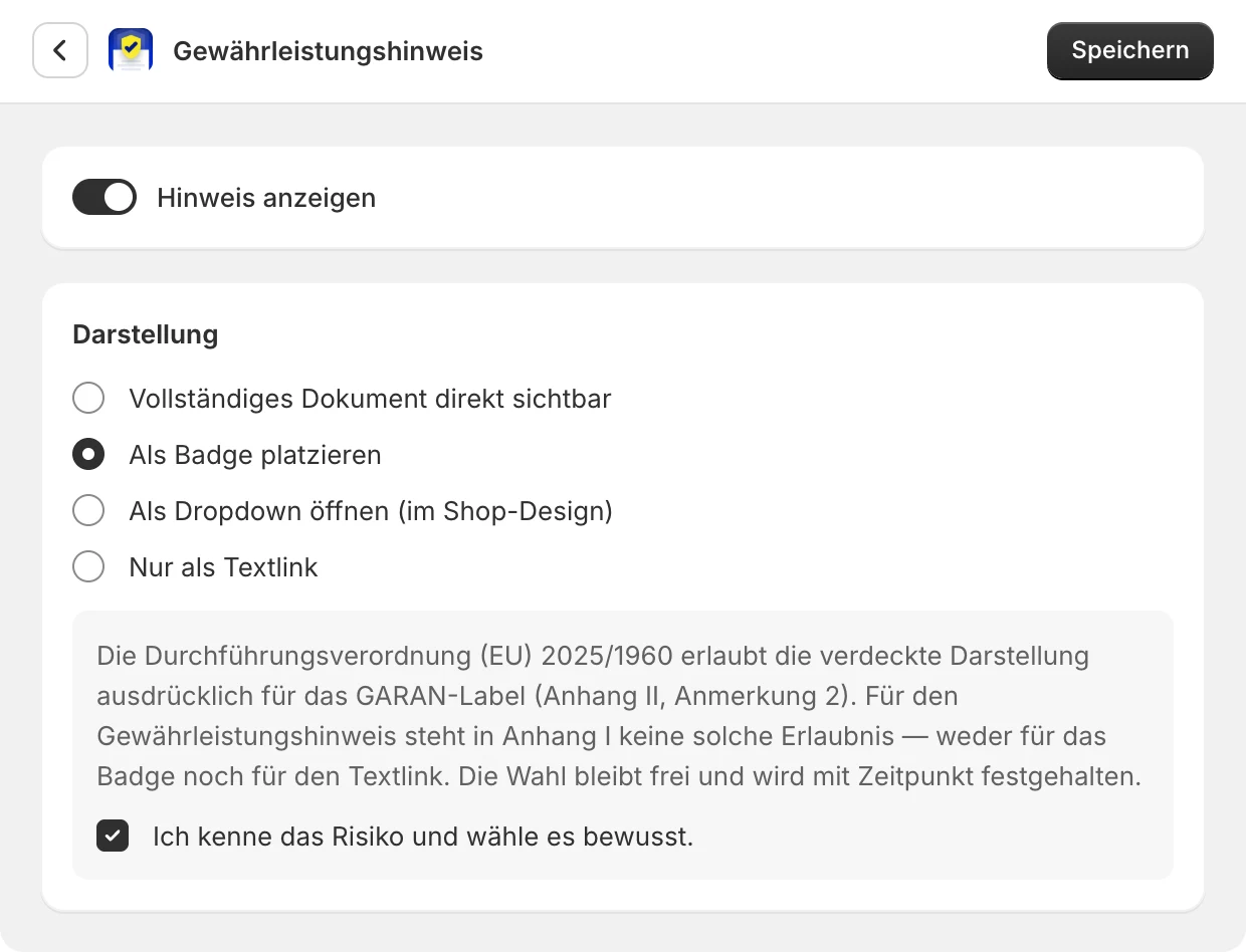 Schalter „Hinweis anzeigen“ und Auswahl der Darstellung: vollständig, Badge, Dropdown oder Textlink