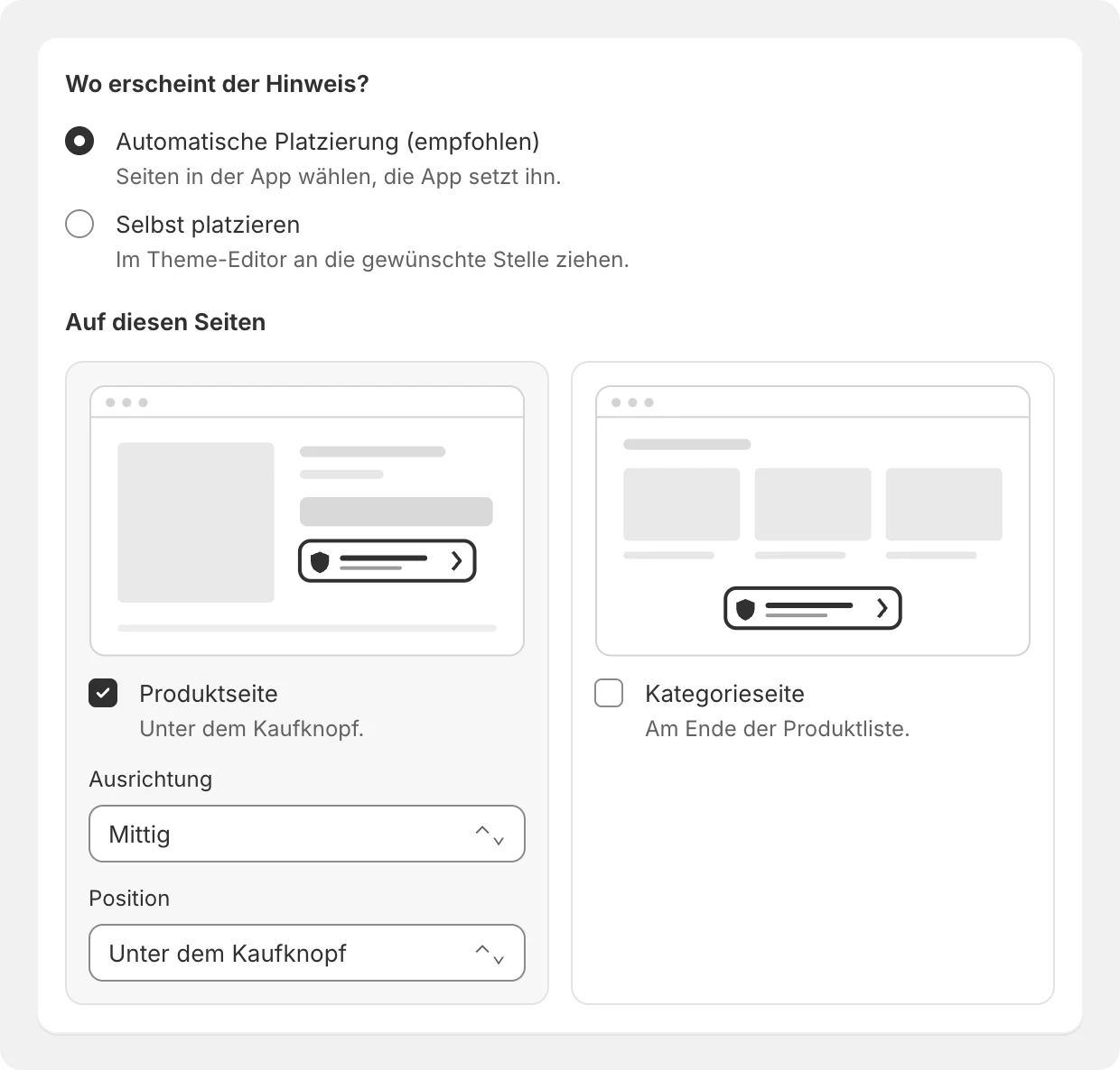 Automatische Platzierung oder selbst platzieren, Produktseite mit Ausrichtung und Position