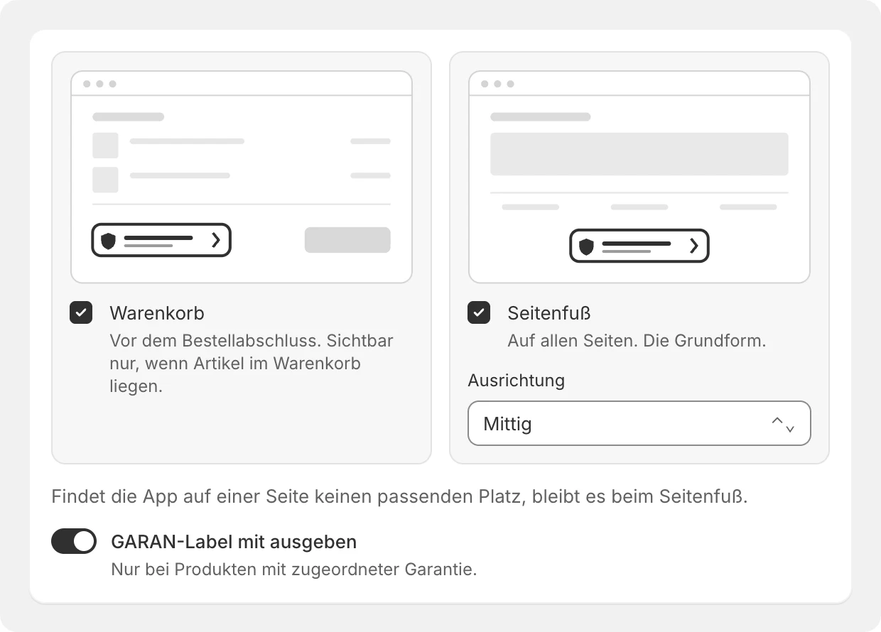 Warenkorb und Seitenfuß ankreuzen, GARAN-Label mit ausgeben