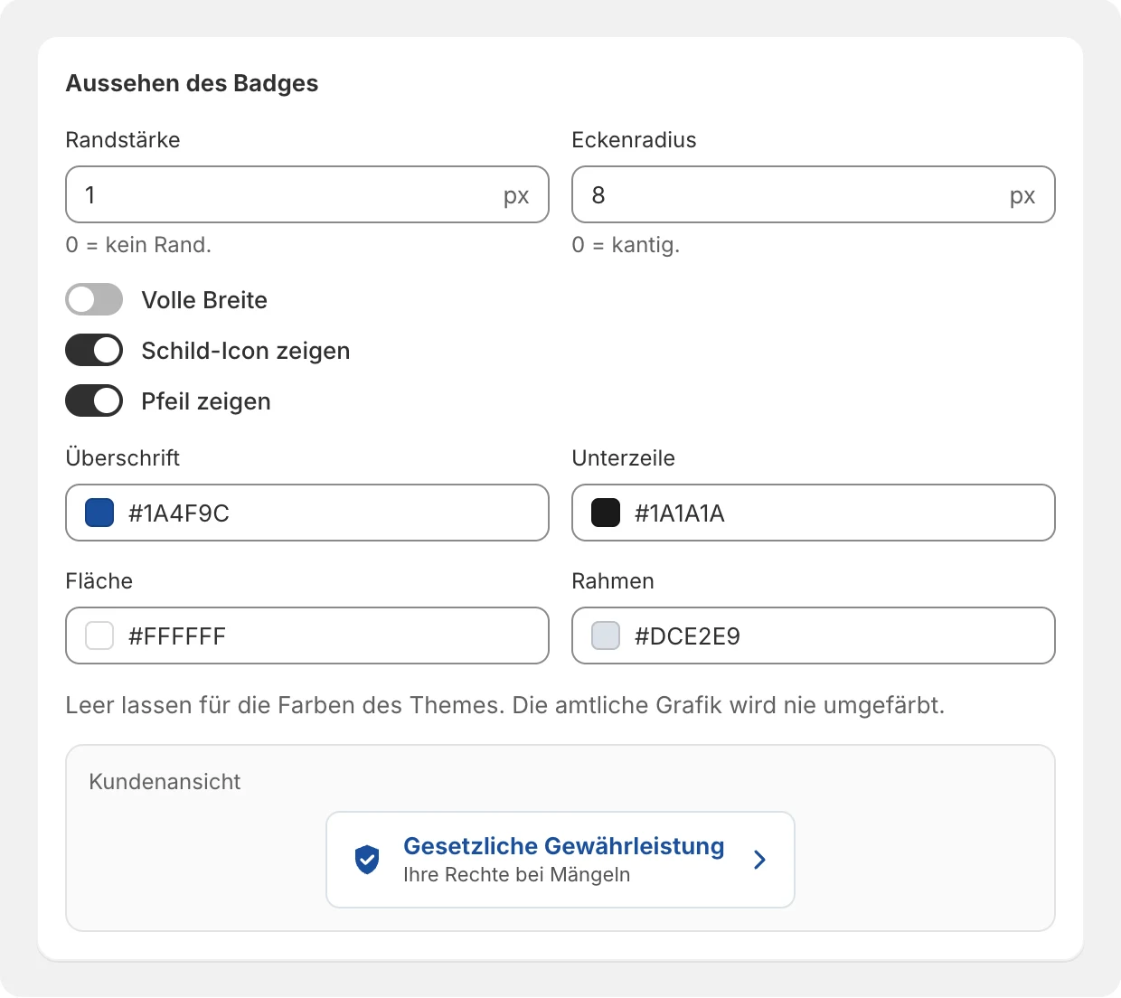 Aussehen des Badges: Rand, Ecken, Icons und Farben