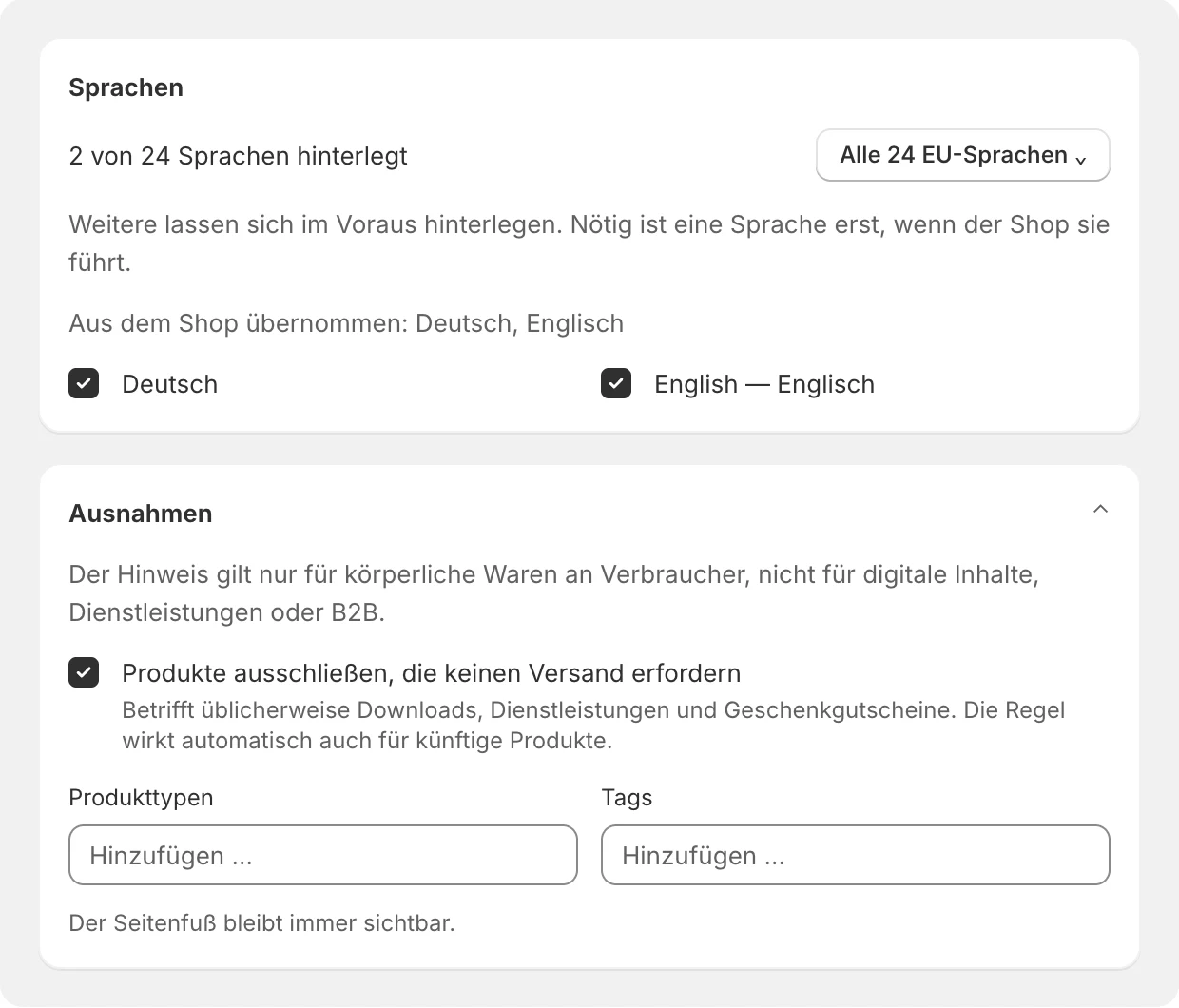 Sprachen aus dem Shop übernommen, darunter die Ausnahmen