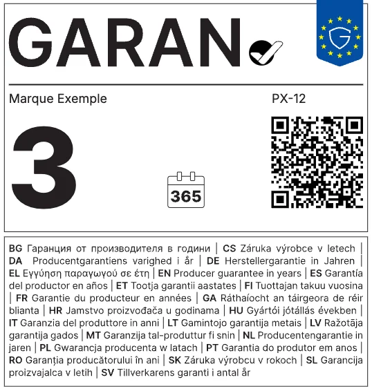 Exemple de label GARAN : smartphone, 3 ans