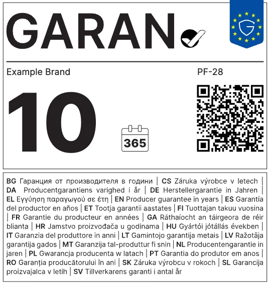 GARAN label example: frying pan, 10 years