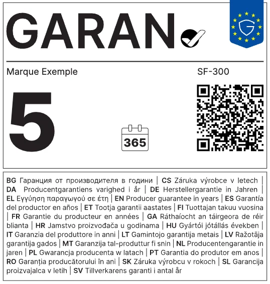 Exemple de label GARAN : canapé, 5 ans