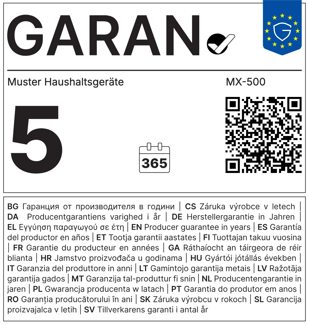 GARAN label example: 5 years, Muster Haushaltsgeräte, MX-500