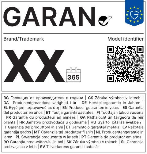 Vollständiges GARAN-Label mit Platzhalter XX für die Jahre, Feldern für Marke und Modell, QR-Code und Sprachzeile