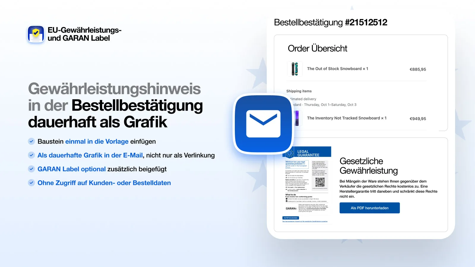 Bestellbestätigung mit Gewährleistungslabel und PDF-Download