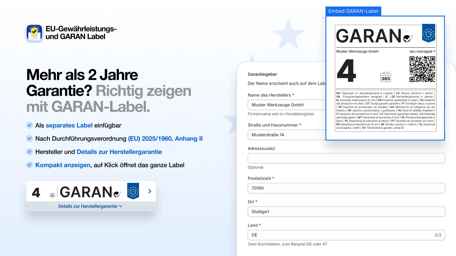 Hersteller-Formular der App und das fertige GARAN-Label mit vier Jahren