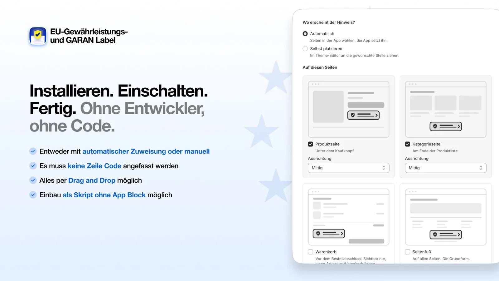 Einstellungen der App: automatische Platzierung auf Produktseite, Kategorieseite, Warenkorb und Seitenfuß