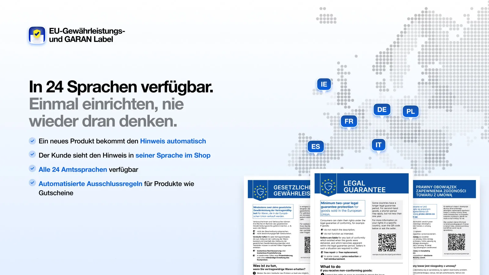 Das Gewährleistungslabel in mehreren EU-Sprachen auf einer Europakarte