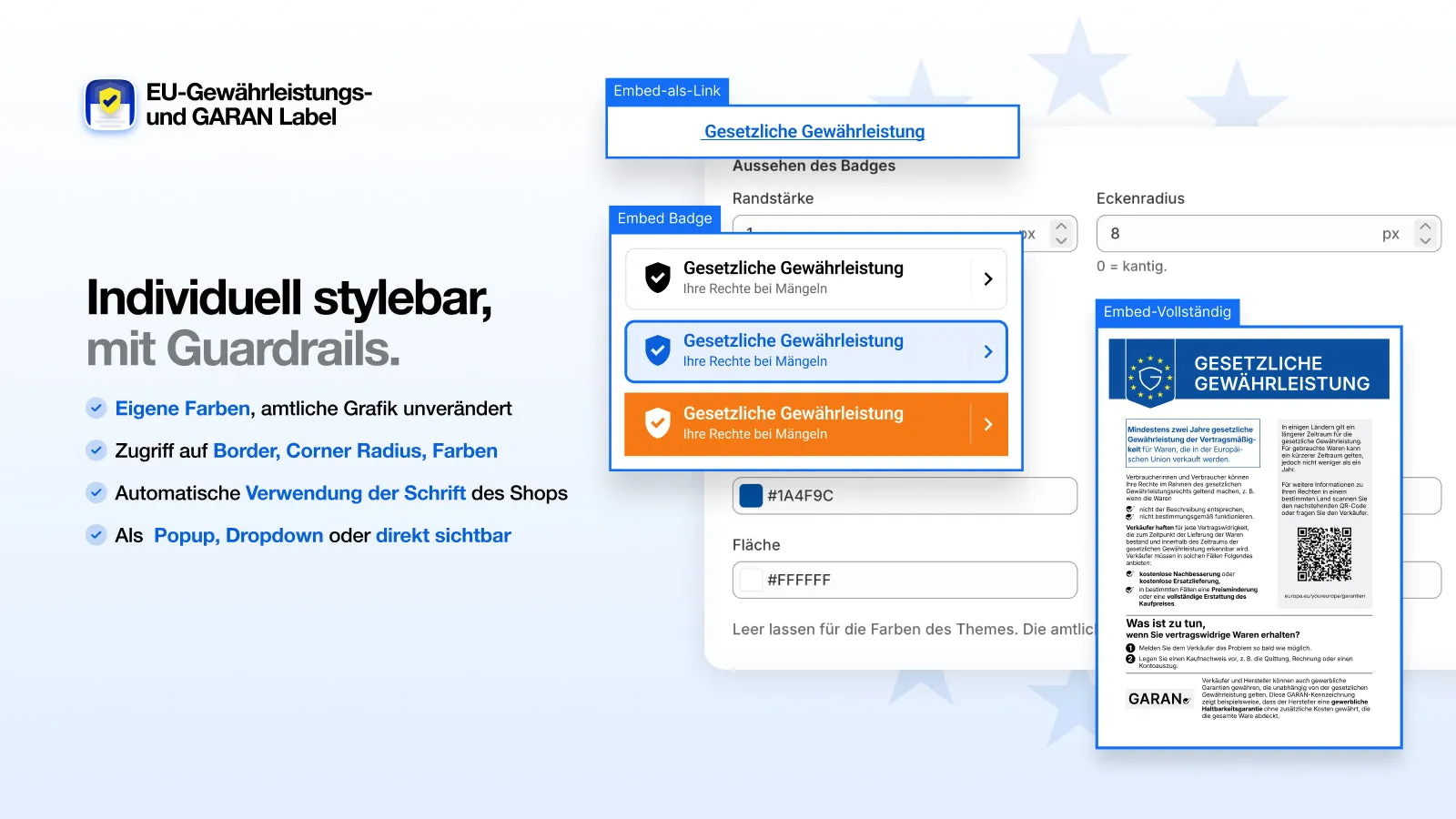 Styling des Badges mit Farben, Rahmen und Eckenradius, daneben die unveränderte amtliche Grafik